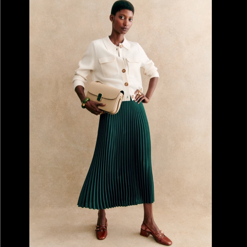 Sezane Dune Green Pleated Skirt in Bottle Green